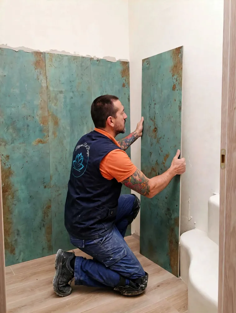 Posa di lastre di grande formato nella ristrutturazione di un bagno